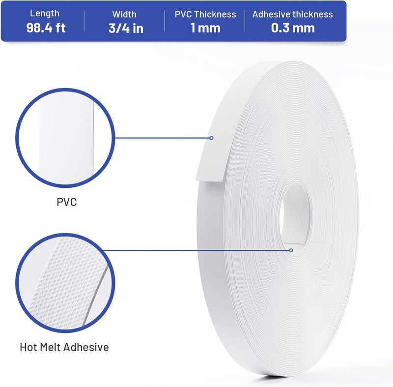 FAKILO PVC Edge Banding 3/4 inch x 100 ft Veneer Edge Banding White with Hot Melt Adhesive Pre - glued Iron on Edging Tape Trim for Cabinet Plywood Repairs and Furniture Restoration - Image 2